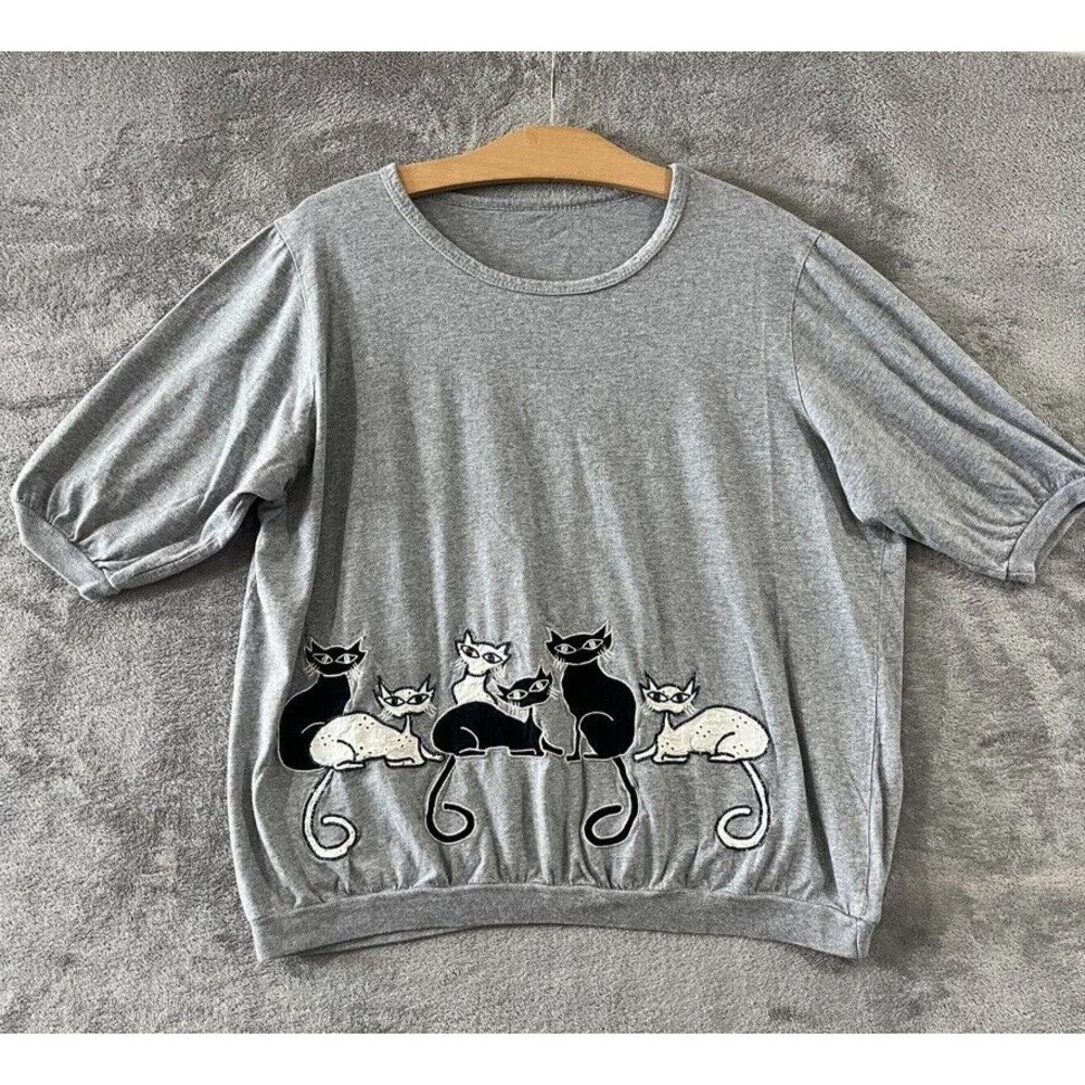Vintage Black Cat Lady Kitten Crewneck Short Sleeve T Shirt Gray Womens L/XL?